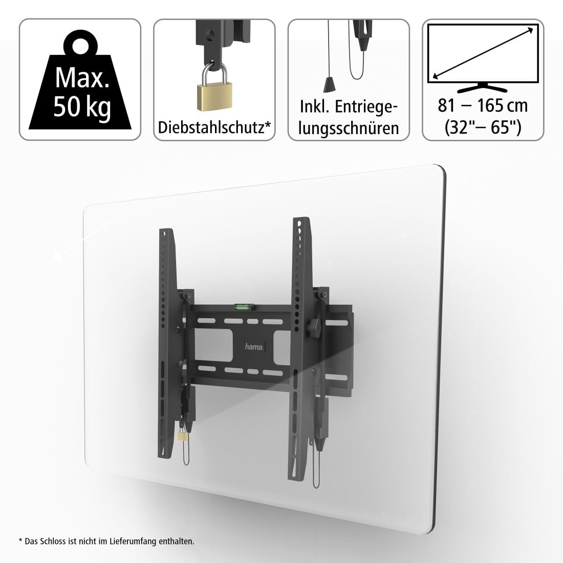 Hama Tilting TV wall mount, anti-theft device, 165 cm (65"), up to 50 kg