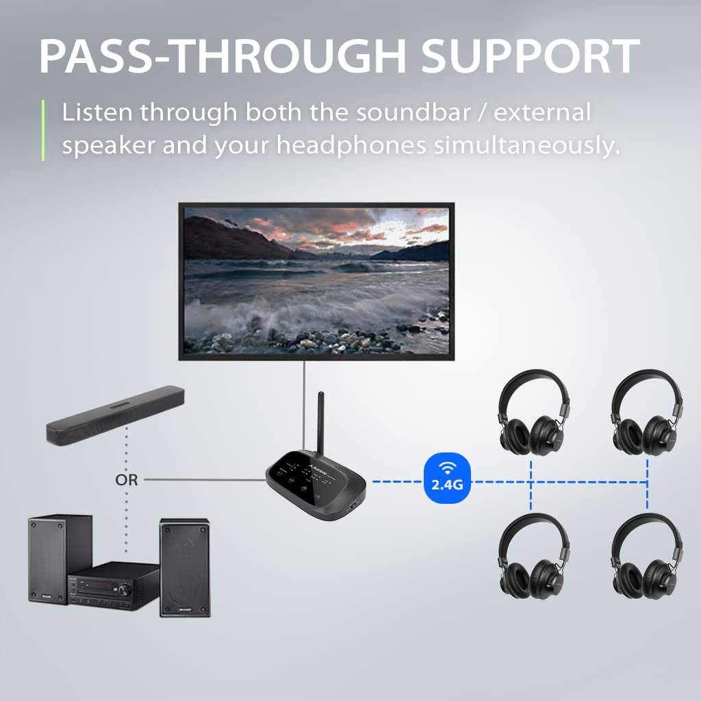 Avantree Shift - Wireless TV Multiple Headphones Pack, Ideal for Watching 2 or More TVs, with Cross-Compatibility, Pass-Through, Long Range, Scalable to 3 Transmitters and 100 Headphones