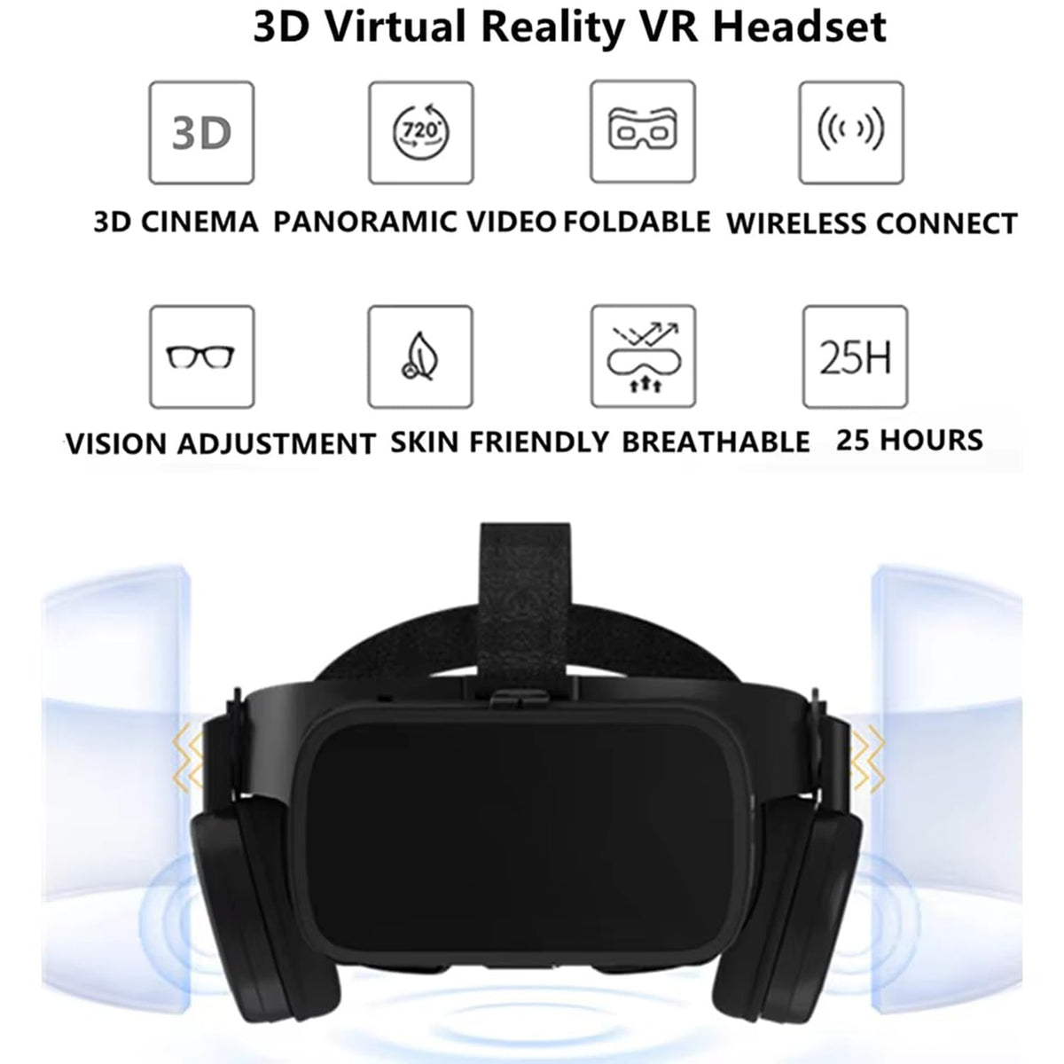VR Headset Virtual Reality Glasses for iPhone and Android Phones, Foldable 3D VR Goggles Set Bundle with Bluetooth Headphones for Both Adults and Kids Play 3D VR Games Movies, Black