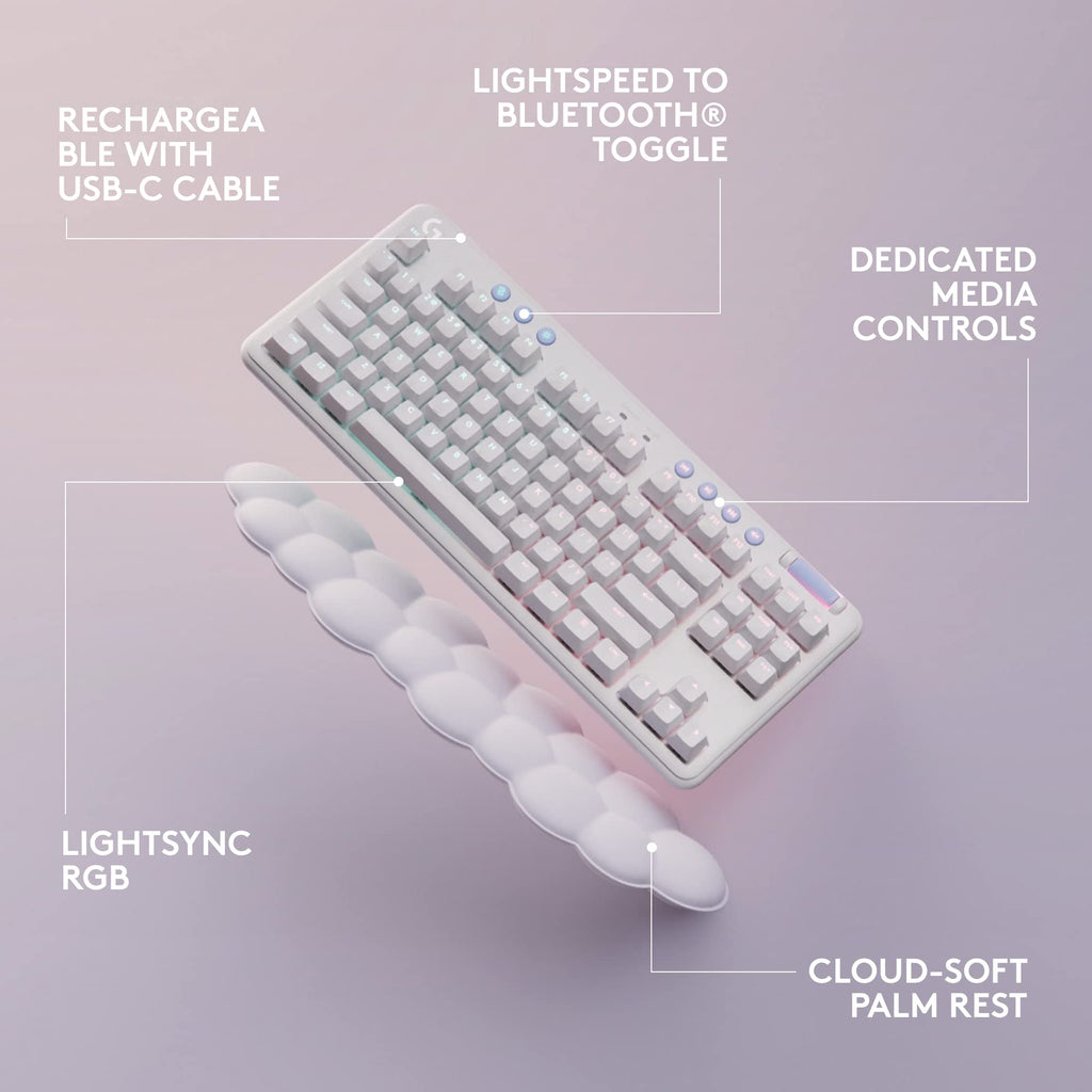 Logitech G715 Wireless Mechanical Gaming Keyboard with LIGHTSYNC RGB, Lightspeed, Tactile Switches (GX Brown), and Keyboard Palm Rest, PC/Mac Compatible - White Mist