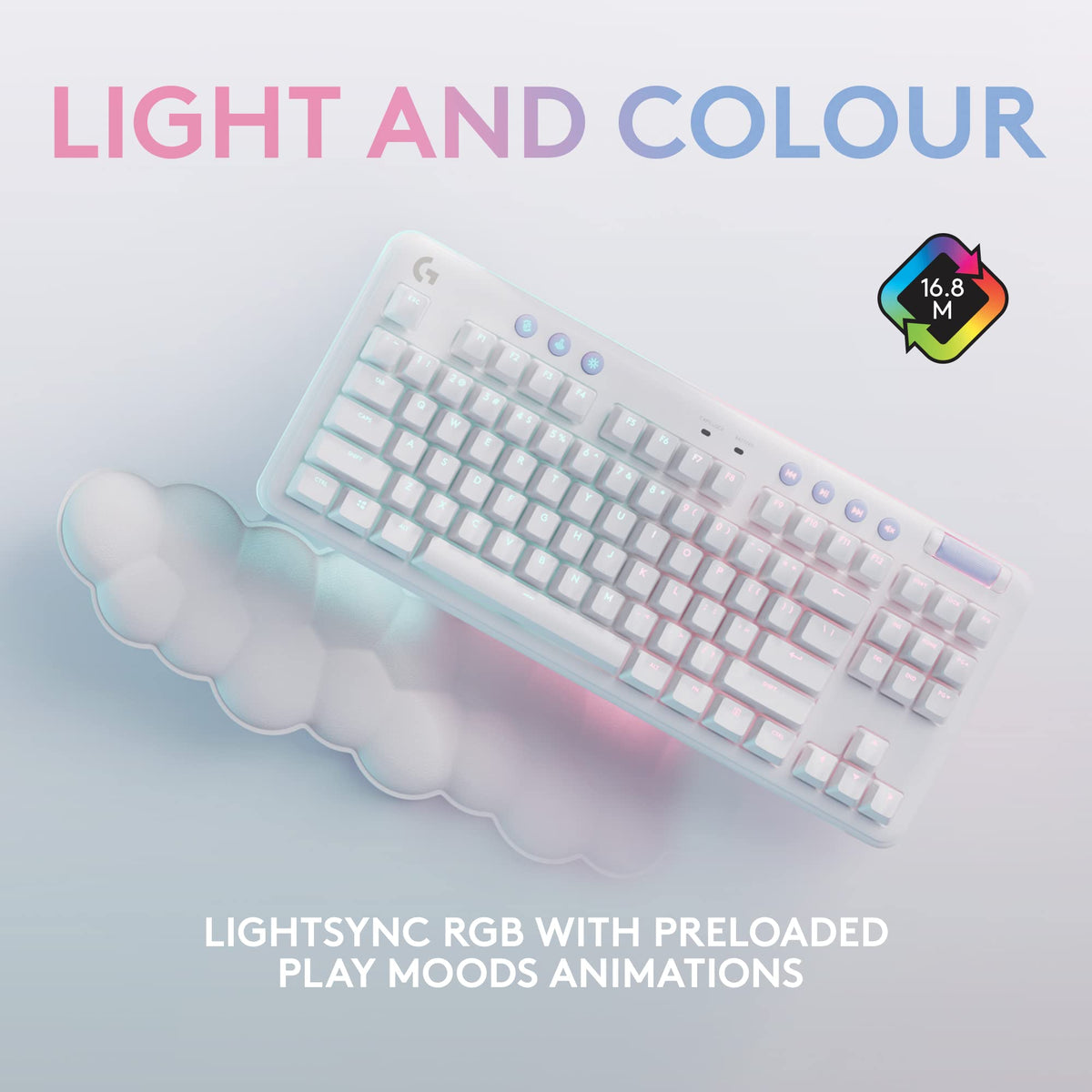 Logitech G715 Wireless Mechanical Gaming Keyboard with LIGHTSYNC RGB, Lightspeed, Tactile Switches (GX Brown), and Keyboard Palm Rest, PC/Mac Compatible - White Mist