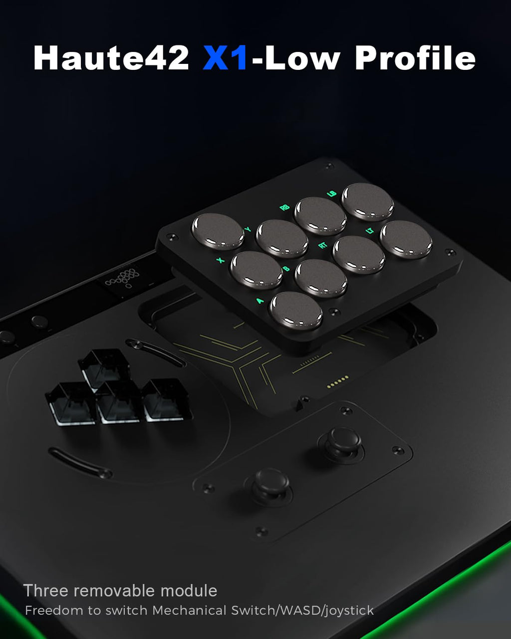 Haute42 Leverless Controller for Arcade Gaming: X1 Low Profile - Three Removable Modules - Extra Large Form Factor - Ambient Backlight - Tournament Lock Switch Controller for PC/PS4/PS3/Switch/Xbox