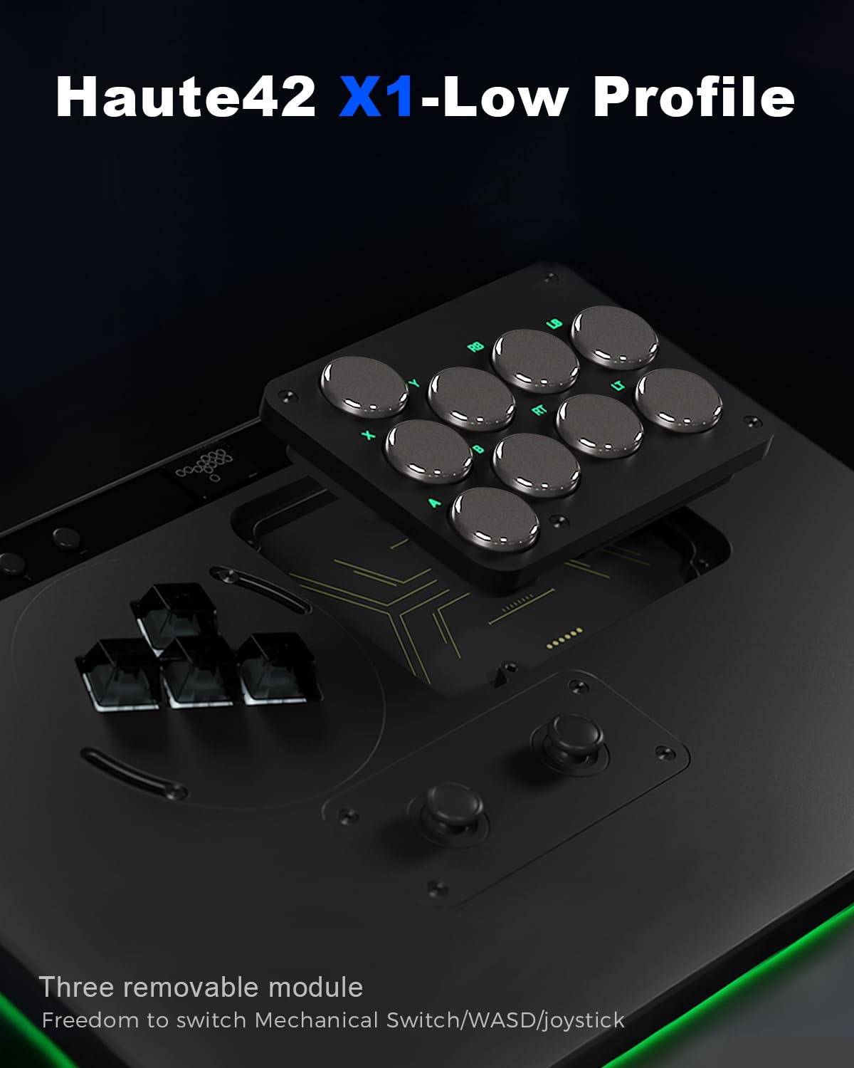 Haute42 Leverless Controller for Arcade Gaming: X1 Low Profile - Three Removable Modules - Extra Large Form Factor - Ambient Backlight - Tournament Lock Switch Controller for PC/PS4/PS3/Switch/Xbox