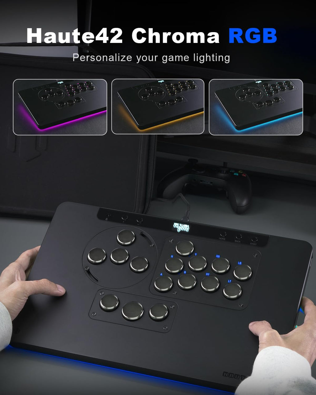 Haute42 Leverless Controller for Arcade Gaming: X1 Low Profile - Three Removable Modules - Extra Large Form Factor - Ambient Backlight - Tournament Lock Switch Controller for PC/PS4/PS3/Switch/Xbox