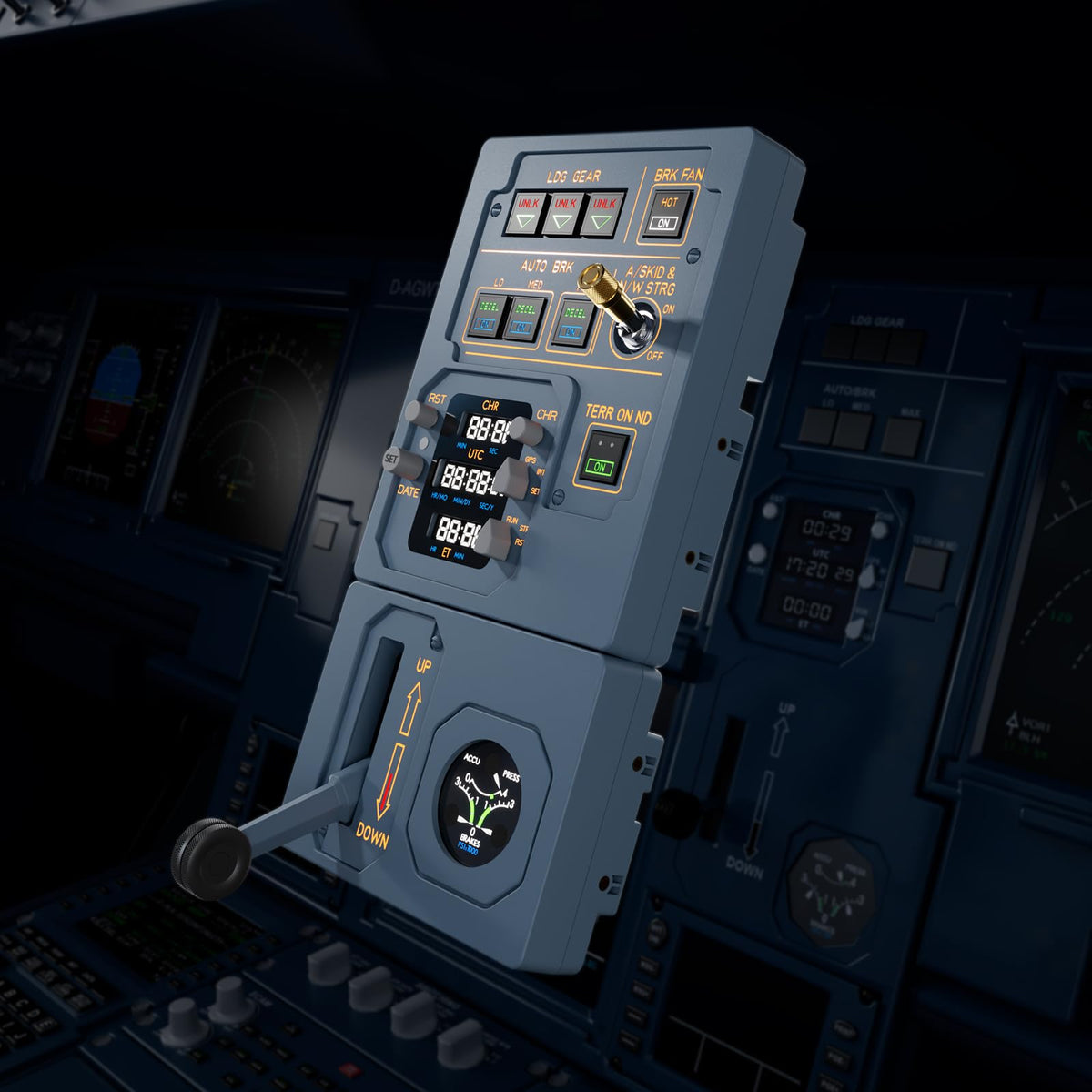 WINGFLEX Flight Simulator Controls A320 Gear Manage Panel Landing Gear Panel Autobrake & Landing Gear, Hall-Effect Sensor Handle, Integrated Aviation Clock Display, Circular Hydraulic Pressure Display, Flight Simulation Designed for PC