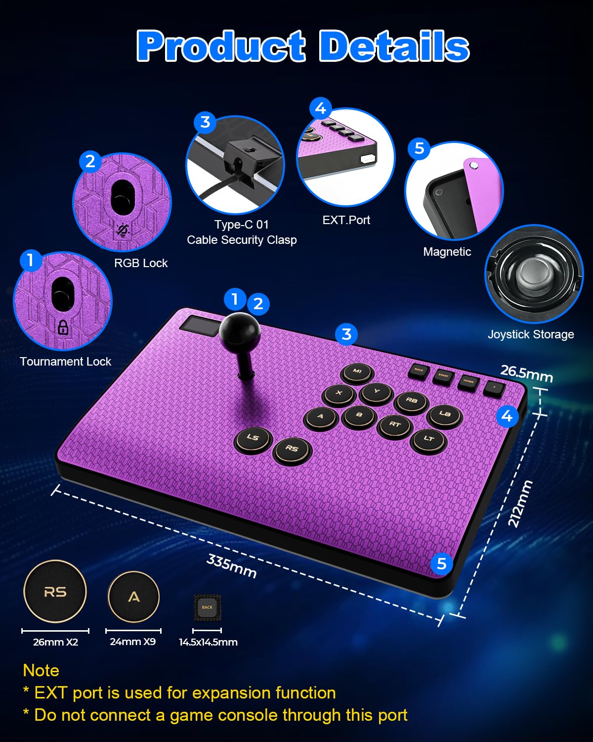 Leverless Controller Arcade Stick: Magnetic Arcade Stick CAS with RGB ,Premium Aluminum Haute42 CAS Fightstick for PC/PS3/PS4/Switch Game with Lock Button Support Hot Swap & SOCD (Purple)