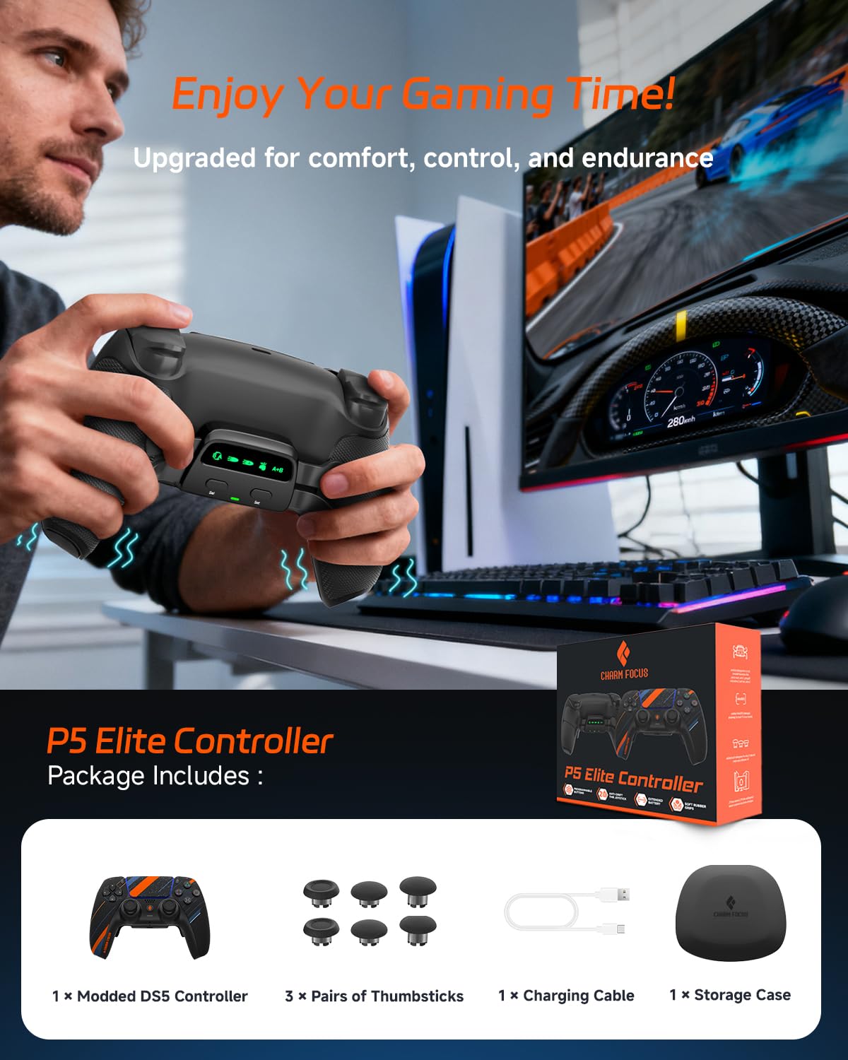 CHARM FOCUS Modified PS5Controller, 4 Remappable Back Paddle for PS5 & PC