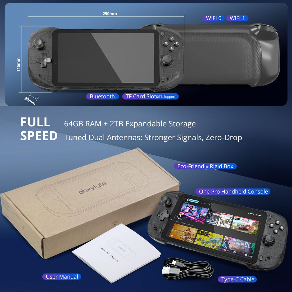 OnePro Cloud Handheld Portable Remote Play Gaming Console, For Xbox Cloud Gaming, NVIDIA GeForce NOW, Playstation, PC, Long-Battery Life, 7" 1080P Touchscreen, Lightweight Retro Game Handheld - 64G (Black Transparent)