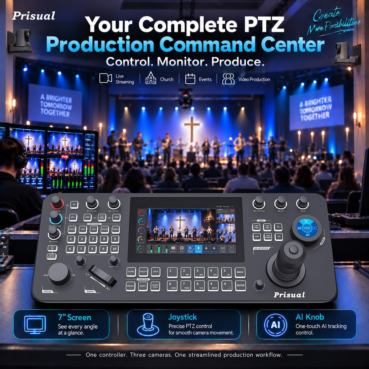 Prisual PRO AI Joy NDI PTZ Camera Controller, 7" Quad-View Touchscreen, AI Tracking Control, 4D Precision Joystick, Multi-Camera IP Control, PoE, VISCA, Tally & HDMI Output for Live Production