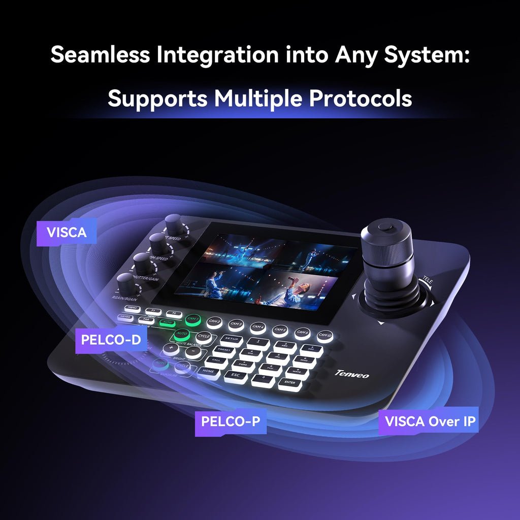 Tenveo NDI PTZ Camera Joystick Controller, 7’’ LCD Quad-Screen Real-time Preview, 4D Joystick Controller, NDI License Included, Support NDI PoE VISCA Pelco-D/P For Church Worship Live Event Streaming