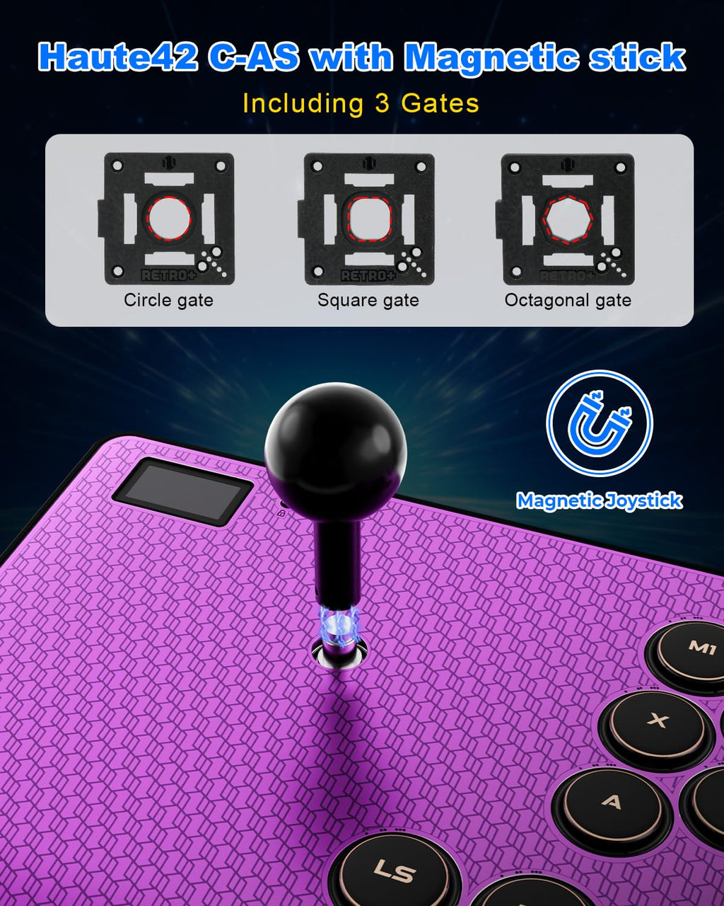 Leverless Controller Arcade Stick: Magnetic Arcade Stick CAS with RGB ,Premium Aluminum Haute42 CAS Fightstick for PC/PS3/PS4/Switch Game with Lock Button Support Hot Swap & SOCD (Purple)