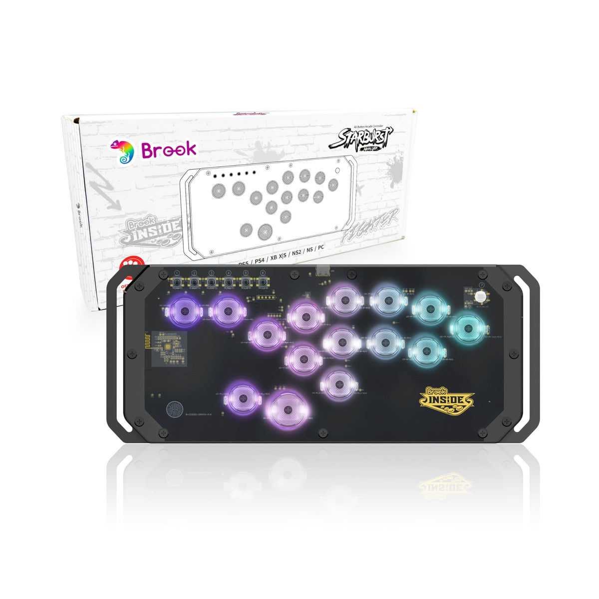 Brook Fighter Starburst Metal Ver. All-Button Arcade Controller for PS5, PS4, Xbox Series X|S, NS, NS2 & PC, Metal Side Handles, Hot-Swappable Switches, RGB Lighting, Officially Licensed (Black)