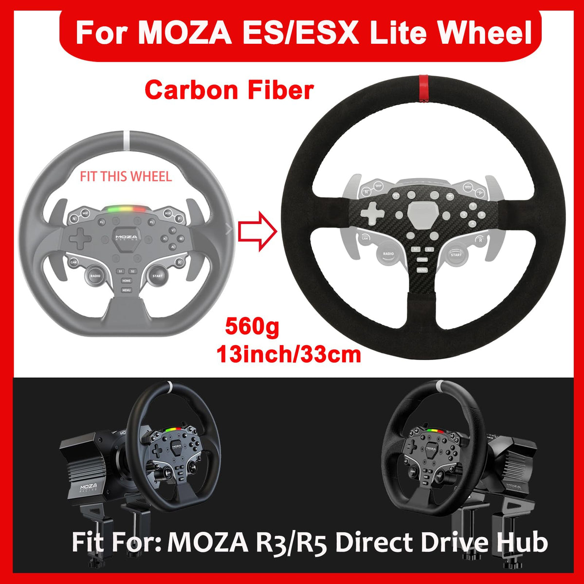 Replace 13 inch lightweight Suede/Leather Steering Wheel Replace Panel For MOZA R5/R3/ES/ESX Bundle Gaming Racing Wheel (With full Suede)