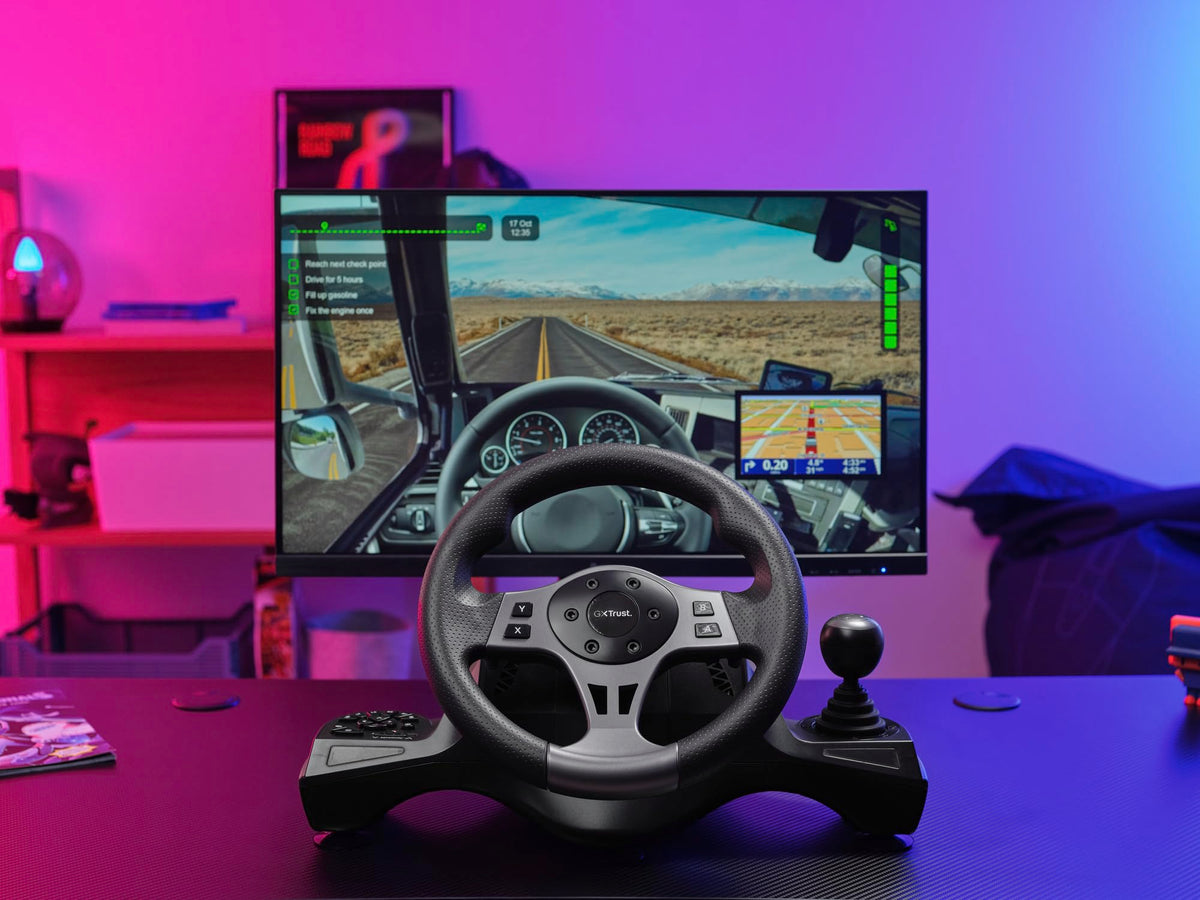 Trust GXT 289 Movi Gaming Steering Wheel PC, Xbox Series X/S, PS4, Nintendo Switch, Racing Wheel with Pedals, Shift Paddles, Vibration Feedback, Sim Racing Farming Simulator / F1 / Gran Turismo