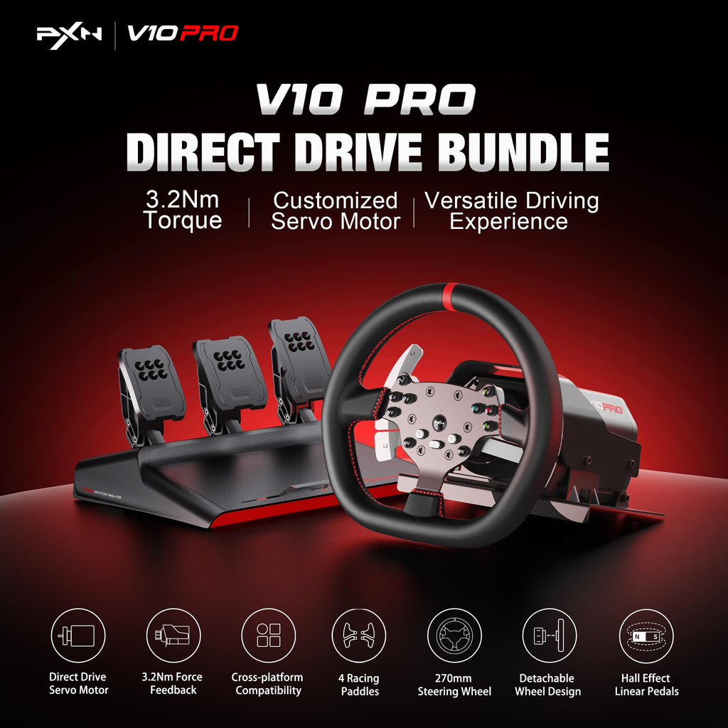 PXN V10 PRO Direct Drive Sim Racing Wheel, 3.2Nm Force Feedback Servo Motor, 270mm Detachable Wheel with 3 Hall Effect Pedals, 17 Buttons, Compatible with PC, Xbox One, Xbox Series X|S, PS4