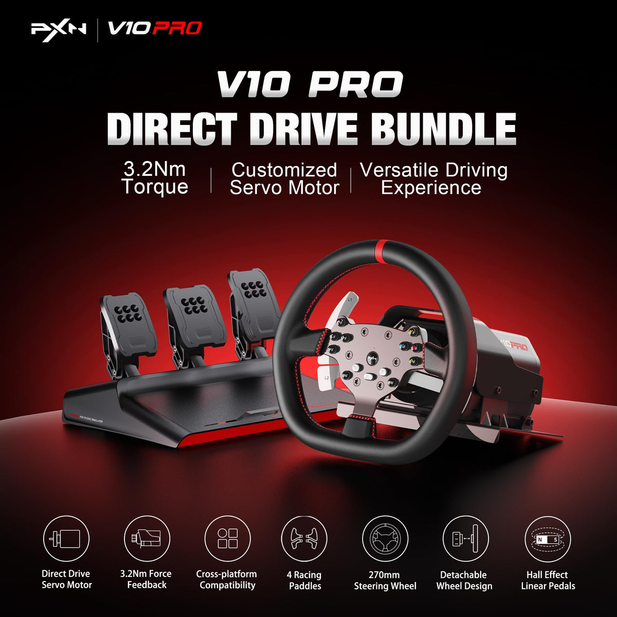 PXN V10 PRO Direct Drive Sim Racing Wheel, 3.2Nm Force Feedback Servo Motor, 270mm Detachable Wheel with 3 Hall Effect Pedals, 17 Buttons, Compatible with PC, Xbox One, Xbox Series X|S, PS4