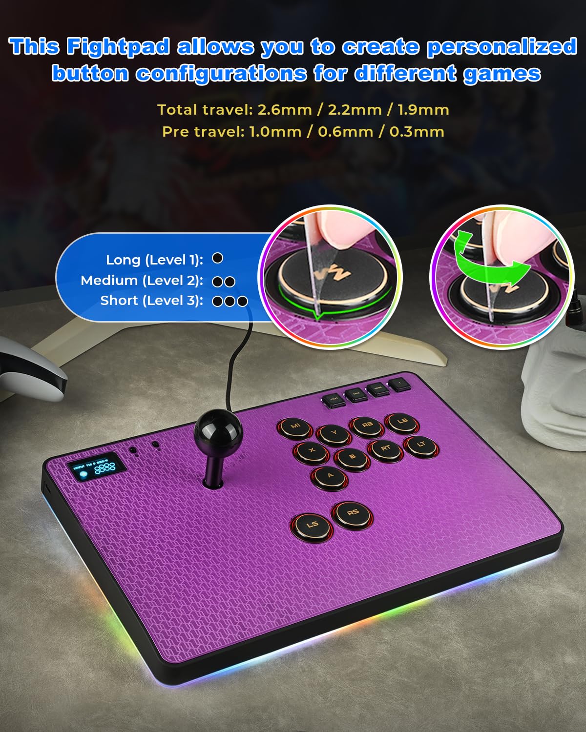 Leverless Controller Arcade Stick: Magnetic Arcade Stick CAS with RGB ,Premium Aluminum Haute42 CAS Fightstick for PC/PS3/PS4/Switch Game with Lock Button Support Hot Swap & SOCD (Purple)