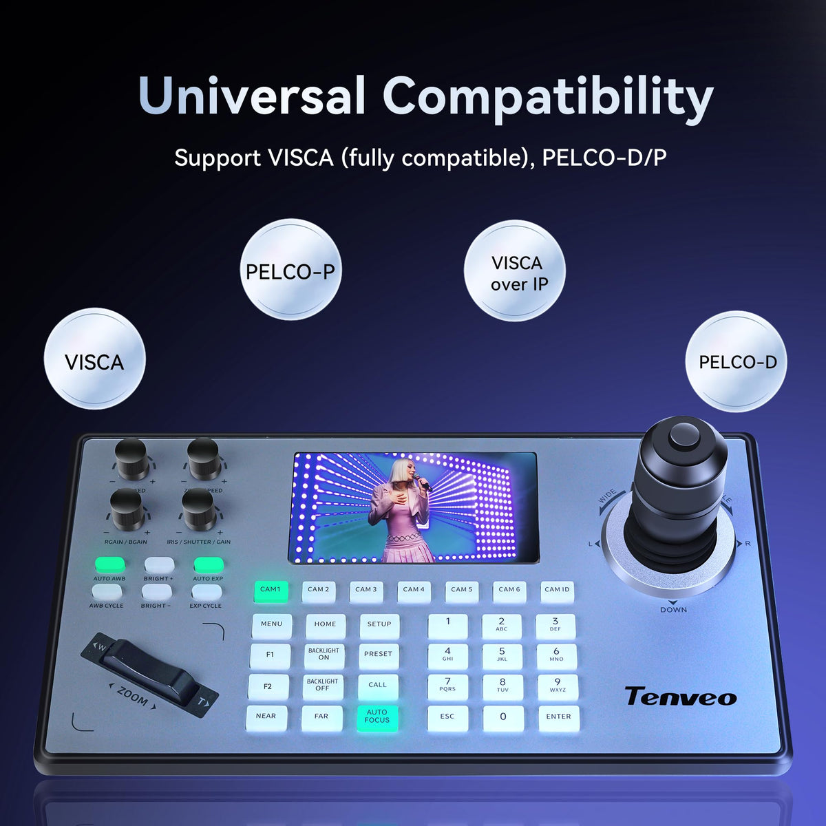 Tenveo NDI PTZ Camera Joystick Controller, 5'' LCD Screen Real-time Preview 4D Joystick Controller, NDI License Included, Support NDI PoE VISCA Pelco-D/P RJ45 For Church Live/Events/Live Streaming
