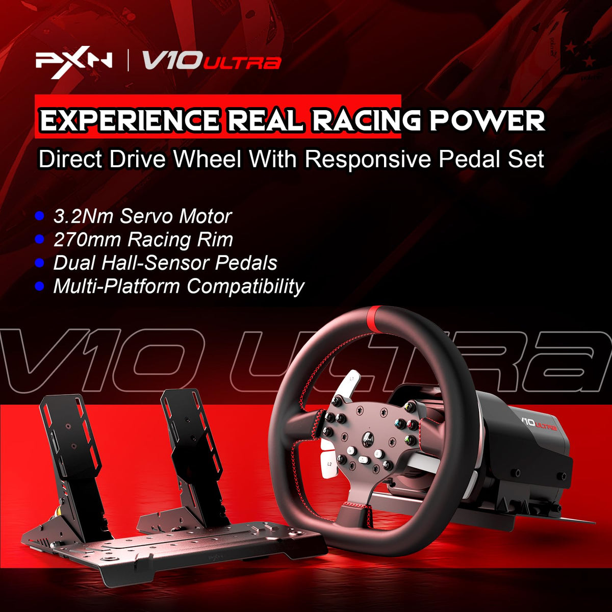 PXN V10 Ultra Direct Drive Racing Wheel & Pedals, 3.2Nm Force Feedback