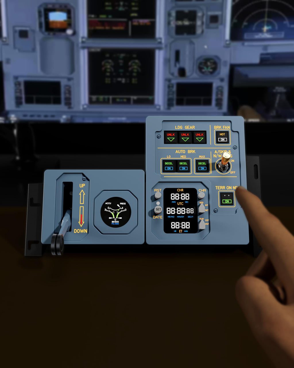 WINGFLEX Flight Simulator Controls A320 Gear Manage Panel Landing Gear Panel Autobrake & Landing Gear, Hall-Effect Sensor Handle, Integrated Aviation Clock Display, Circular Hydraulic Pressure Display, Flight Simulation Designed for PC