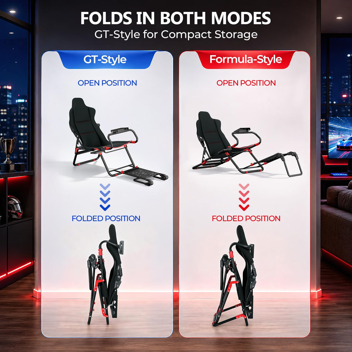 RACGTING Foldable Sim Racing Cockpit with Seat, Touring & Open-Wheel Modes