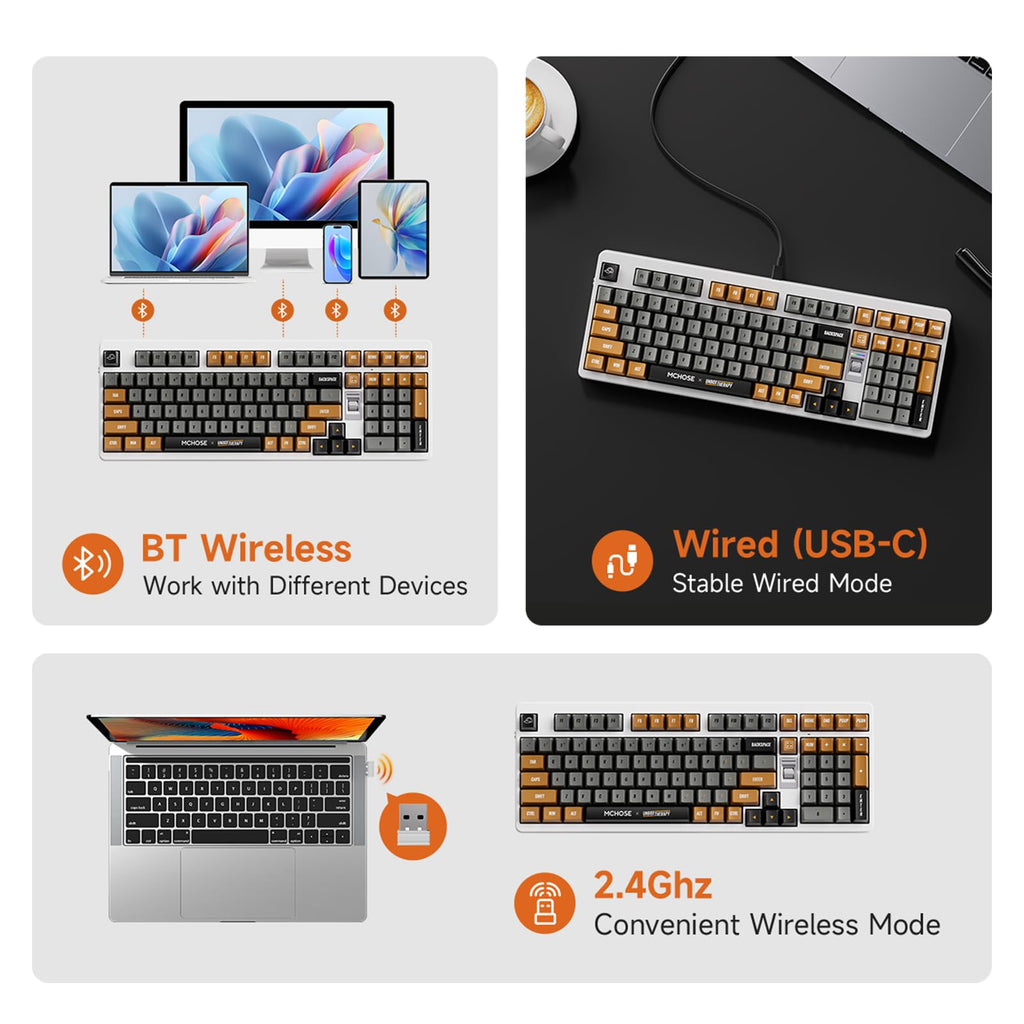MCHOSE UT98 Wireless Mechanical Keyboard Compact Silent Gaming Keyboard with Knob Tri-Mode Connection Hot Swappable Custom Creamy Keyboard Gasket Structure Pre-lubed Linear Switches RGB Classic Silent