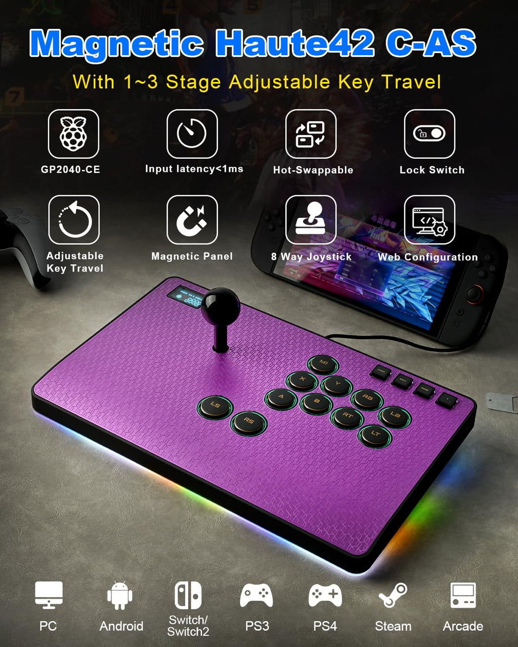Leverless Controller Arcade Stick: Magnetic Arcade Stick CAS with RGB ,Premium Aluminum Haute42 CAS Fightstick for PC/PS3/PS4/Switch Game with Lock Button Support Hot Swap & SOCD (Purple)