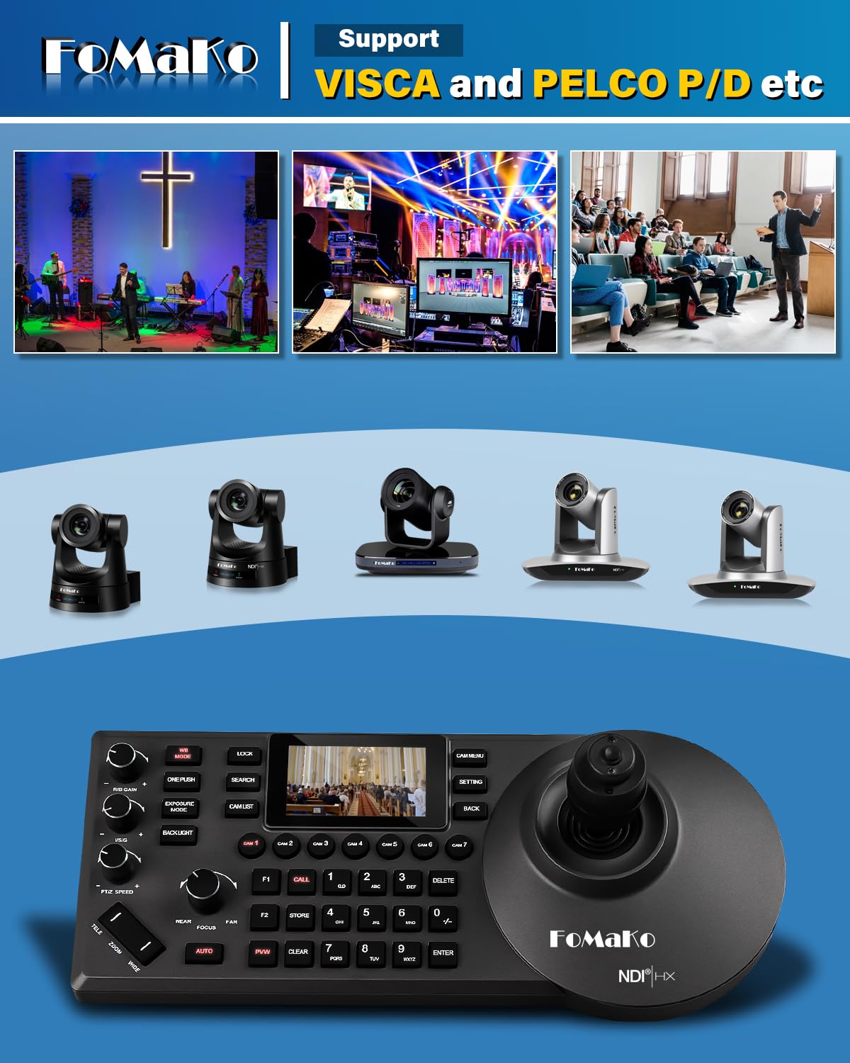 KC608 Pro NDI PTZ Camera Controller (Black) – PoE Powered, Built-in LCD Preview, 4D Precision Joystick, NDI Technology, Ergonomic Wrist Rest Design, for Church Live Streaming & Education.