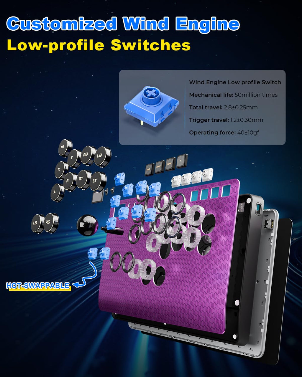 Leverless Controller Arcade Stick: Magnetic Arcade Stick CAS with RGB ,Premium Aluminum Haute42 CAS Fightstick for PC/PS3/PS4/Switch Game with Lock Button Support Hot Swap & SOCD (Purple)