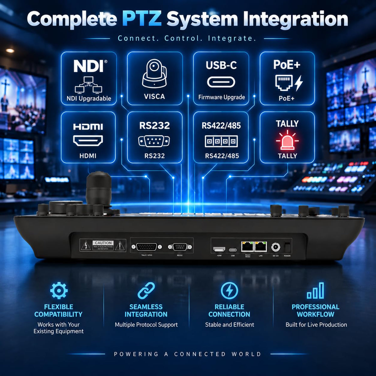 Prisual PRO AI Joy NDI PTZ Camera Controller, 7" Quad-View Touchscreen, AI Tracking Control, 4D Precision Joystick, Multi-Camera IP Control, PoE, VISCA, Tally & HDMI Output for Live Production