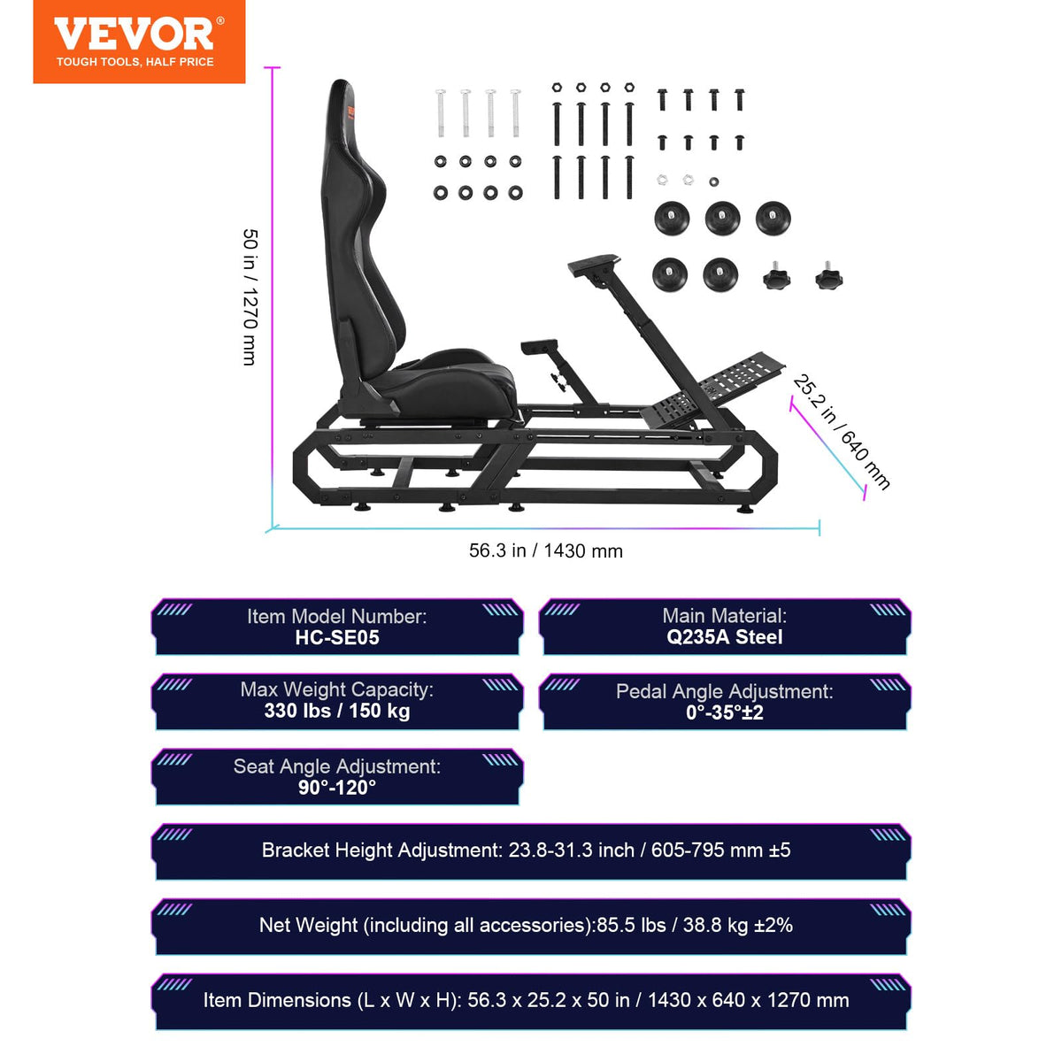 VEVOR Gaming Racing Wheel Stand, Compatible with Logitech G923/G920/G29 & Thrustmaster T248P, Heavy-Duty Adjustable Steering Wheel Stand Cockpit, 330 lbs Capacity, Compact for Sim Racing