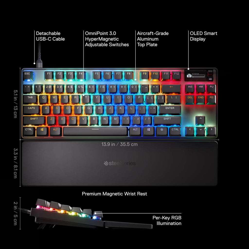 SteelSeries Apex Pro TKL Gen 3 OmniPoint 3.0 HyperMagnetic Switches Adjustable Actuation Rapid Trigger Ready Presets Protection Mode Rapid Tap/SOCD OLED RGB PBT Keycaps USB-C (Renewed)