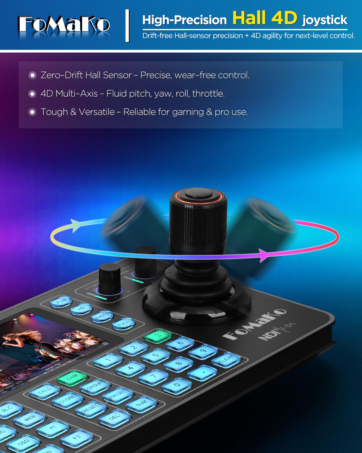 KC608N NDI PTZ Camera Controller, Quad-Screen 4K Multi-Channel Preview, 5.5" Capacitive Touchscreen,4D Hall Joystick, PoE, VISCA/Pelco/NDI HX, for Church, Worship, Studio, Education,Events