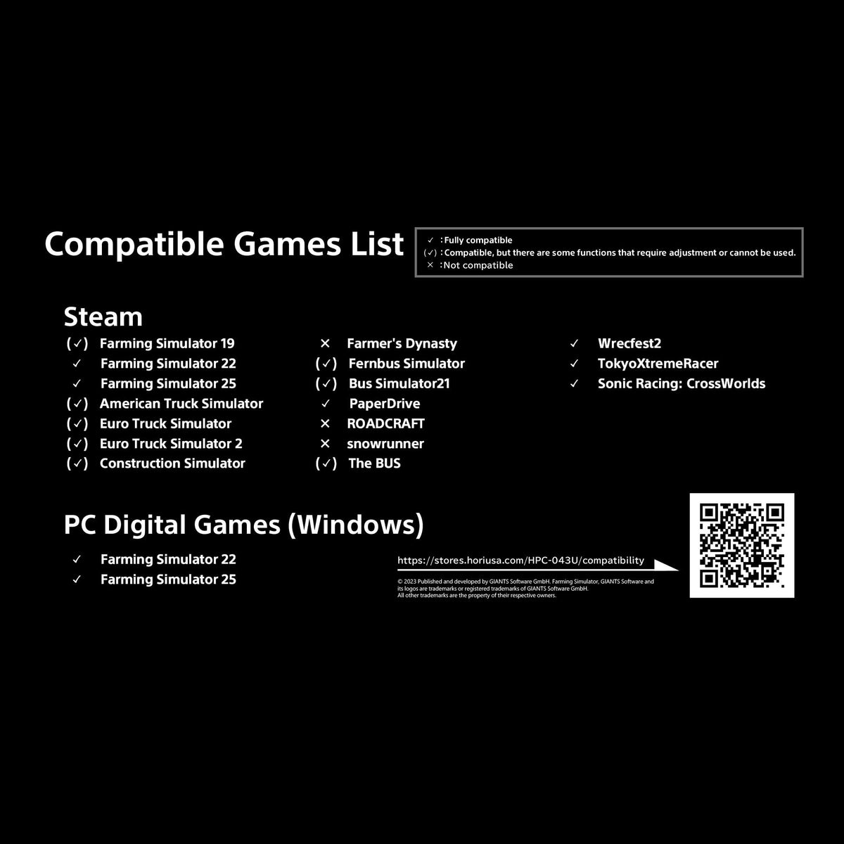 HORI Farming Vehicle Control System for PC (Windows 11/10) for Farming Simulator with Full-Size Steering Wheel, Control Panel & Pedals