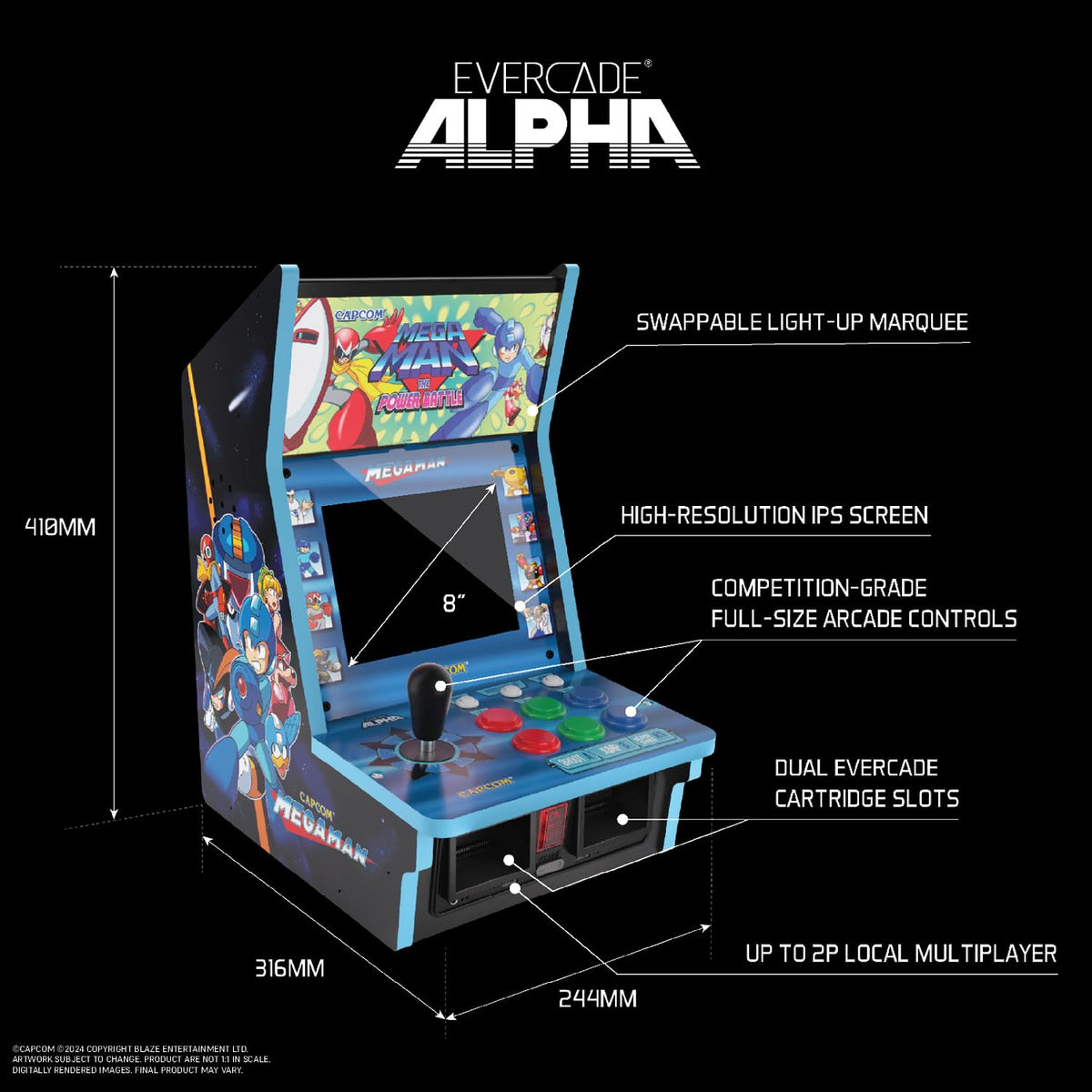 Evercade Alpha Mega Man Bartop Arcade - Pre-assembled unit with Competition-Grade Arcade Controls + 8” High-Resolution IPS Screen