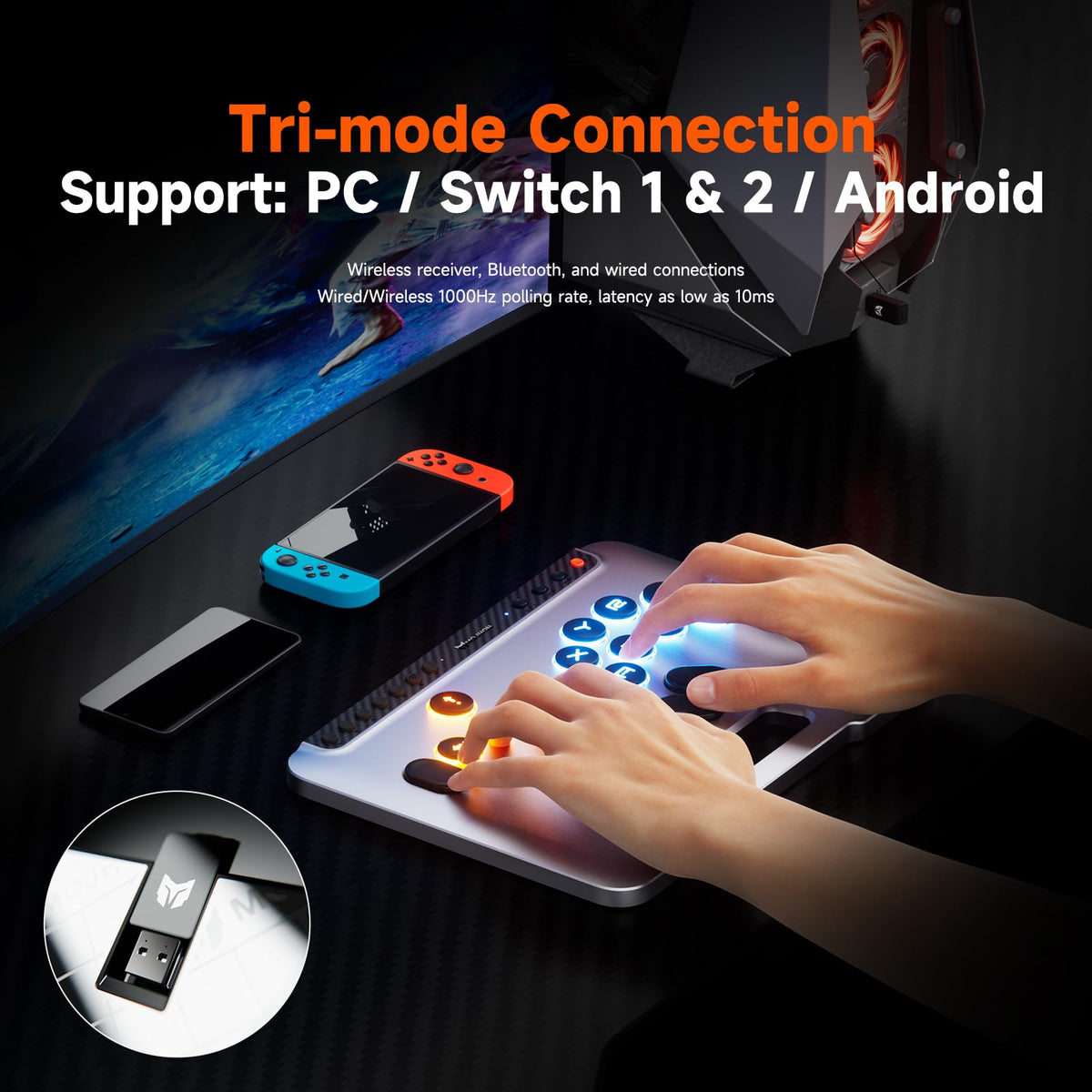 BIGBIG WON Fight Master Leverless Controller for Switch 2/Switch/PC/iOS/Android, All-Button Hitbox Arcade Stick with Bluetooth/2.4G/Wired, Hot-Swappable Fast-Trigger Mechanical Switches, RGB Fight Stick
