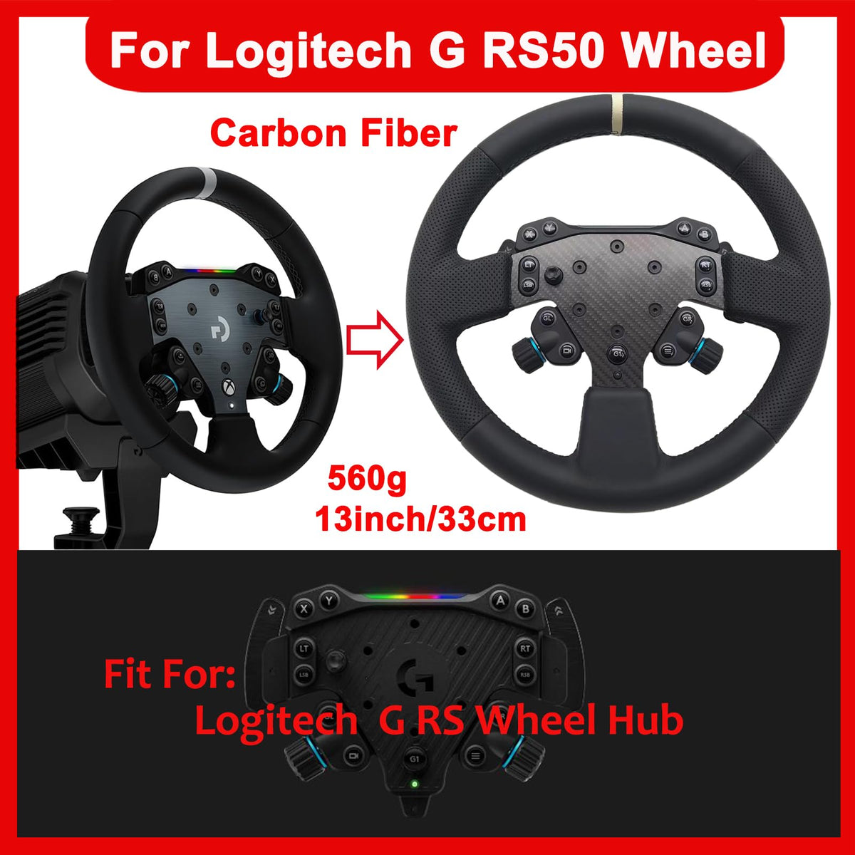 Latest Dual Perforated Leather Grip For Logitech G RS50 System; lightweight Real Carbon Fiber Compatible with Logitech G RS On Xbox Series X/S PS4/PS5 PC Wheel Hub (13 inch-Dual Perforated Leather)