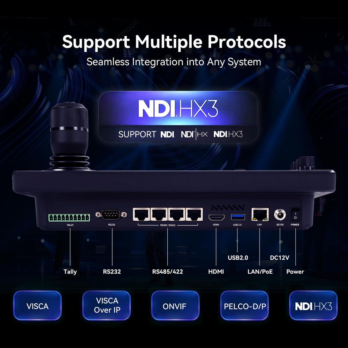 Tenveo NDI PTZ Joystick Controller, 7’’ LCD Quad-View Touchscreen, Camera Group Calling, 5 Custom Buttons, HDMI Output, Tally, Support NDI PoE VISCA Pelco-D/P, NDI|HX3 Certified, for Church Events