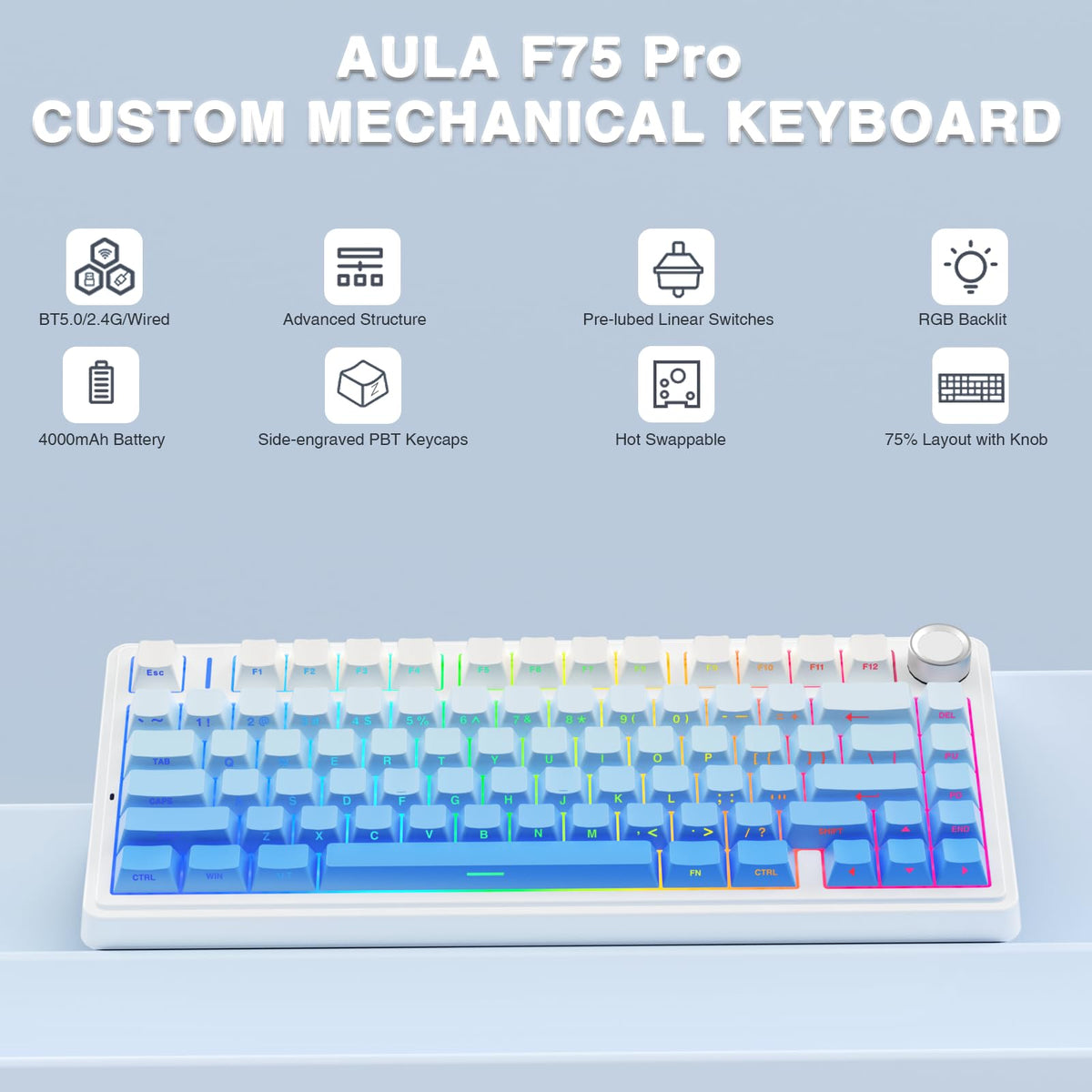 AULA F75 Gasket Mechanical Keyboard, 75% Wireless Hot Swappable Gaming Keyboard with Five-Layer Padding&Knob, Bluetooth/2.4GHz/USB-C, RGB Light. (Blue)