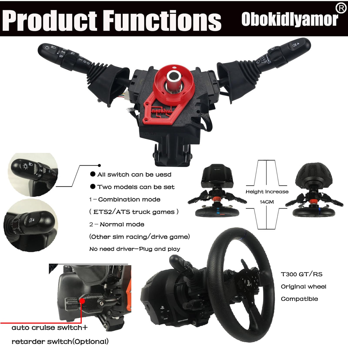 Obokidly Upgrade Type DIY Racing Simulator Steering Wheel Turn Signal Wiper Lever Switch For Logitech G27 G29 G920 G923 Logitech Thrustmaster T300 (Upgrade Type-For G27/G29, Black)