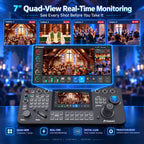 Prisual PRO AI Joy NDI PTZ Camera Controller, 7" Quad-View Touchscreen, AI Tracking Control, 4D Precision Joystick, Multi-Camera IP Control, PoE, VISCA, Tally & HDMI Output for Live Production