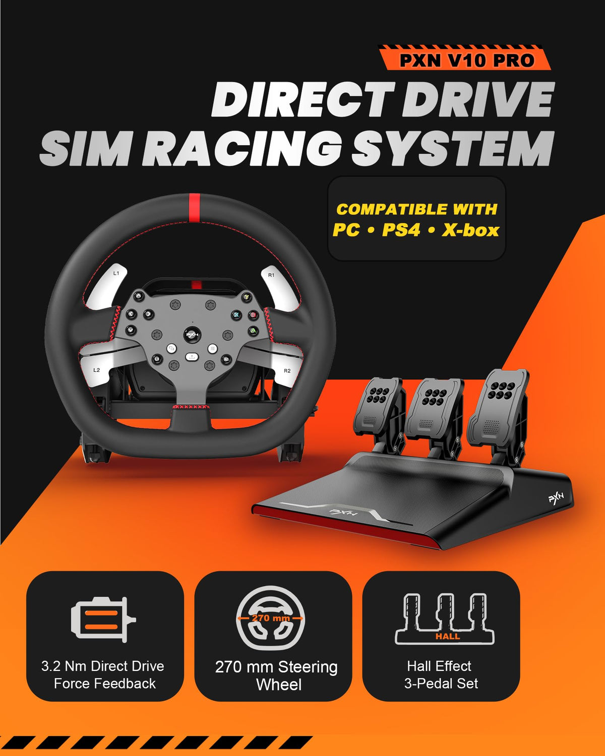 PXN V10 PRO Direct Drive Sim Racing Wheel and Pedals for PC, Xbox, PS4