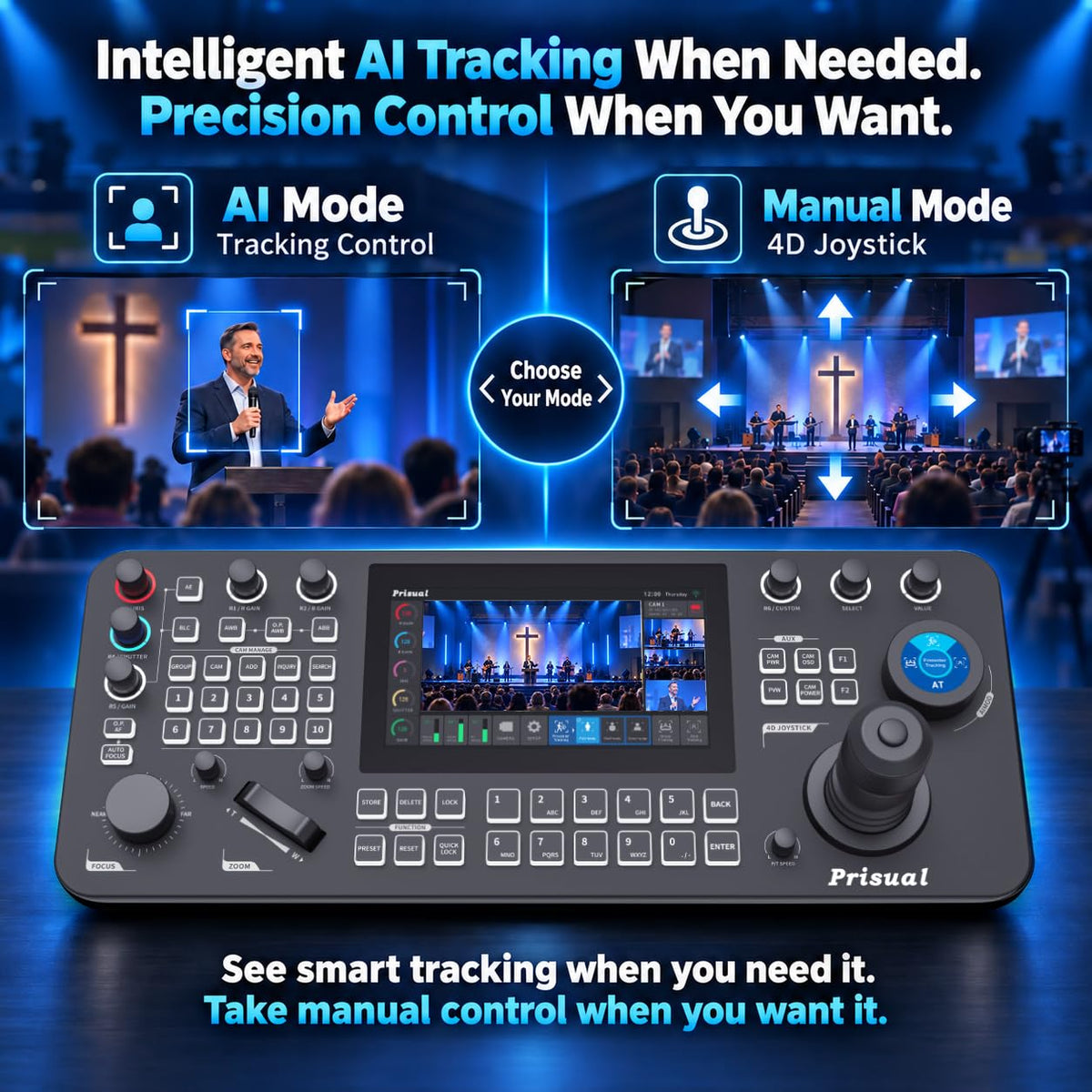 Prisual PRO AI Joy NDI PTZ Camera Controller, 7" Quad-View Touchscreen, AI Tracking Control, 4D Precision Joystick, Multi-Camera IP Control, PoE, VISCA, Tally & HDMI Output for Live Production