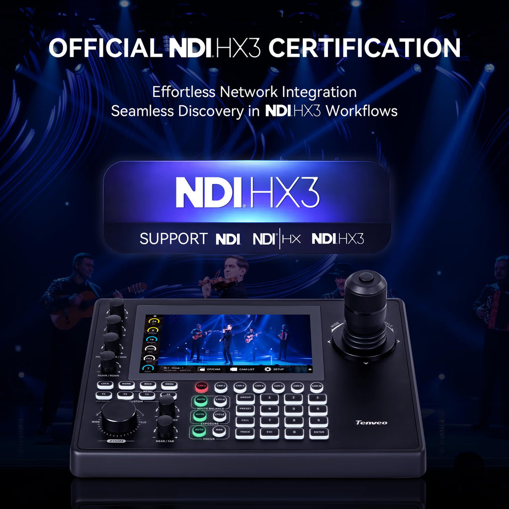 Tenveo NDI PTZ Joystick Controller, 7’’ LCD Quad-View Touchscreen, Camera Group Calling, 5 Custom Buttons, HDMI Output, Tally, Support NDI PoE VISCA Pelco-D/P, NDI|HX3 Certified, for Church Events