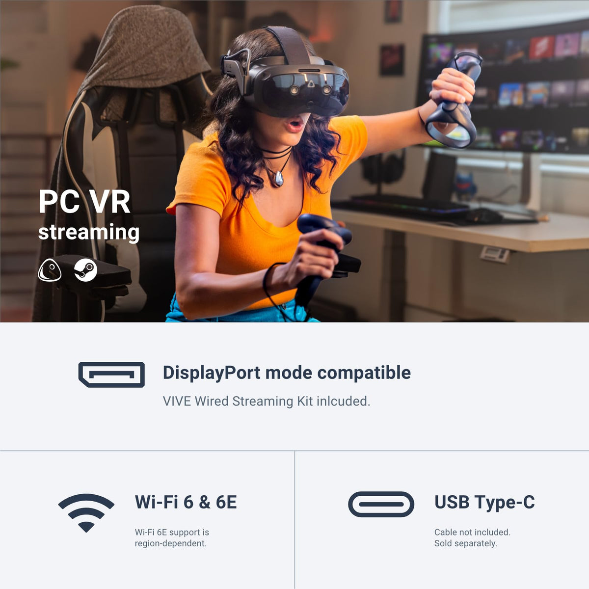 HTC Vive Focus Vision Wired Bundle — XR Headset with DisplayPort PC VR Streaming Kit