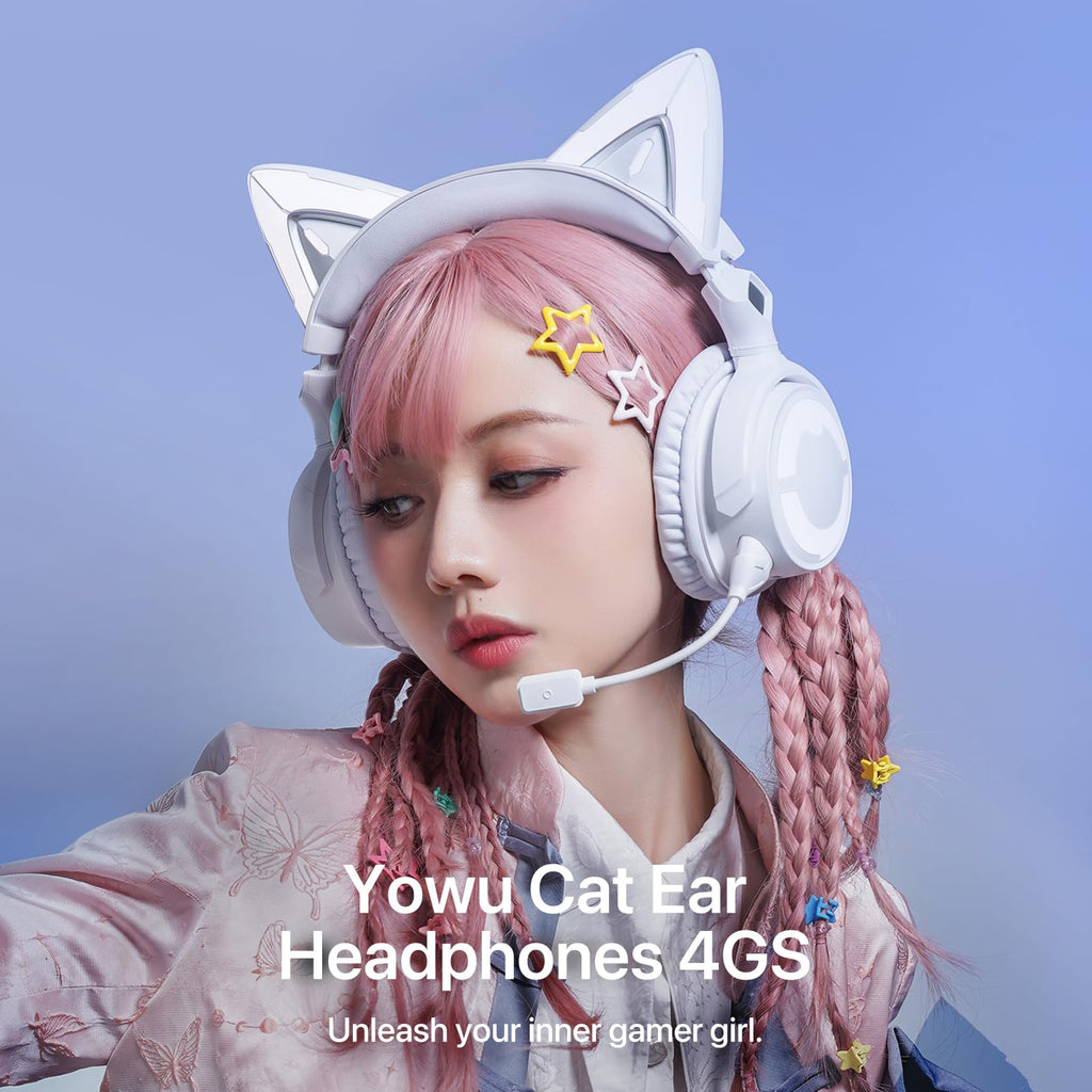 YOWU Cat Ear Headphones 4GS -Wireless Bluetooth Noise Cancelling Headphones, RGB Gaming Headset with Mic & 2.4G USB/Type C Dongle for PC/PS4/PS5/XBOX/Switch