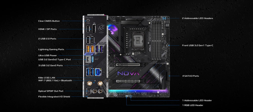 ASRock Z790 Nova WiFi ATX Motherboard, Intel 14th/13th/12th Gen LGA1700, DDR5 8000+ (OC), PCIe 5.0, Wi-Fi 7, Killer 2.5G LAN, 20+1+1 Phase SPS