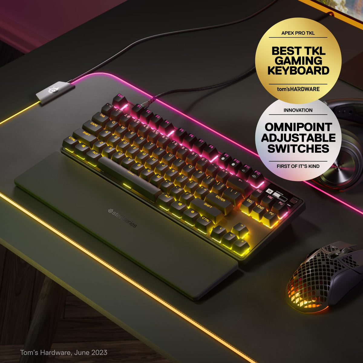 SteelSeries Apex Pro TKL 2023 World's Fastest Mechanical Gaming Keyboard - Adjustable Actuation - Esports Tenkeyless - OLED Screen - RGB - PBT Keycaps - USB-C (Renewed)