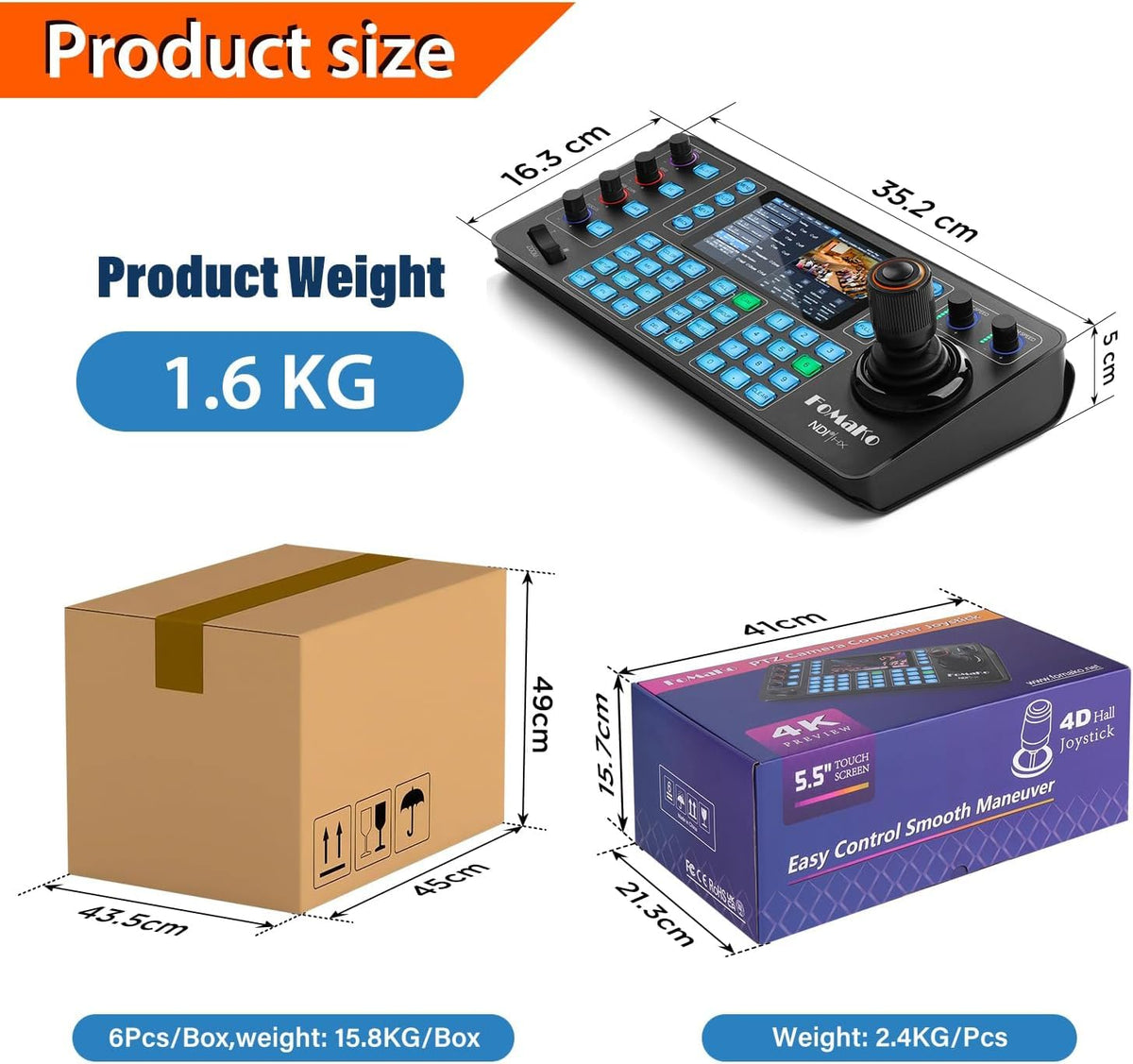 KC608N NDI PTZ Camera Controller, Quad-Screen 4K Multi-Channel Preview, 5.5" Capacitive Touchscreen,4D Hall Joystick, PoE, VISCA/Pelco/NDI HX, for Church, Worship, Studio, Education,Events
