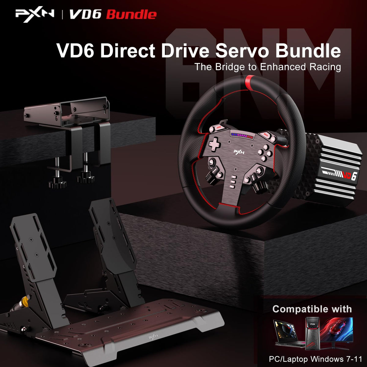 PXN VD6 Bundle: Racing Wheel and Pedals, 6 Nm Direct Drive Force Feedback